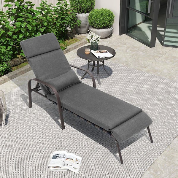 Crestlive Products 1-Piece Metal Outdoor Chaise Lounge with Adjustable Backrest Armrest and 3.94 in. Thick Cushion in Dark Gray