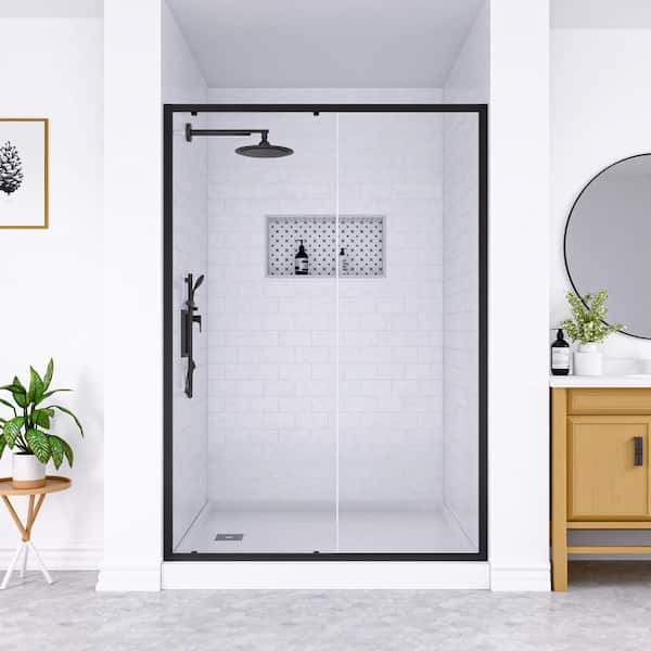 mortix 54 in. W x 74 in. H Single Sliding Framed Shower Door in Matte Black with Clear Tempered Glass and Easy Roller System