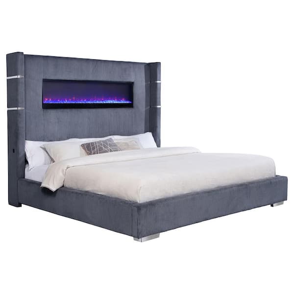 Coaster Tisdall Gray Wood Frame Upholstered Eastern King Panel Bed with Fireplace and Wingback Headboard