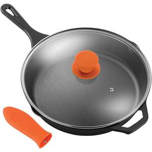 12 in. Pre-Seasoned Cast Iron Frying Pan with Glass Lid and Silicone Handle