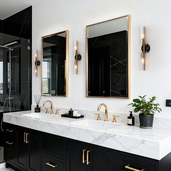 Transitional Cylinder Bathroom Vanity Light 2-Light Modern Black and Plating Brass Wall Light with Seeded Glass Shades