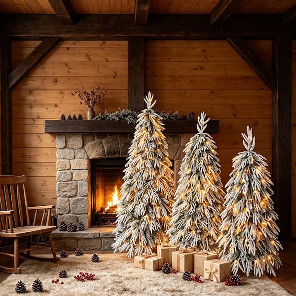 3-Pack Pre-Lit Flocked Weeping Christmas Trees, 4 ft/5 ft/6 ft Snowy Artificial Xmas Trees with Sturdy Metal Stand PP523023K
