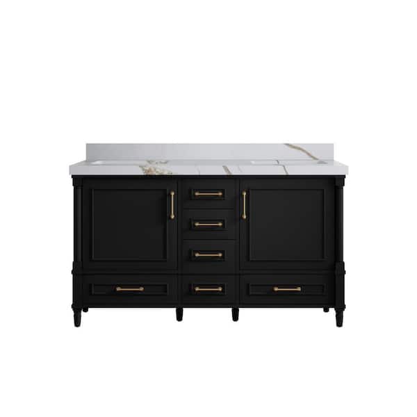 Willow Collections Hudson 60 in. W x 22 in. D x 36 in. H Double Sink Bath Vanity in Black with 2 in. Calacatta Gold Qt. Top