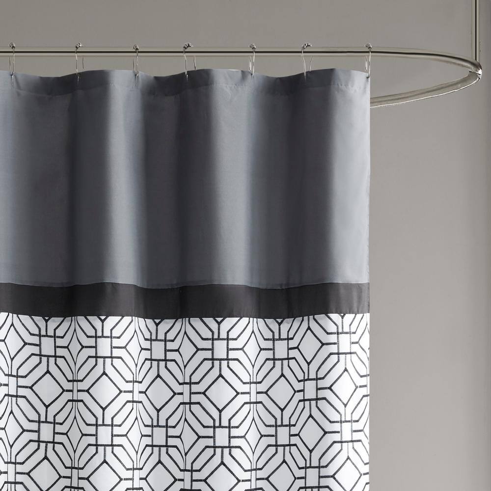 Black and Gray Geometric Embroidered Fabric Shower Curtain with Liner