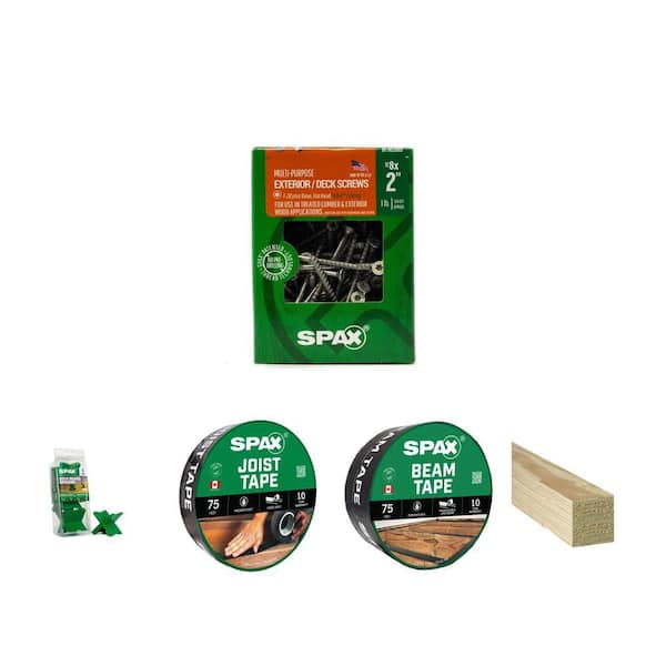 #8 x 2 in. Deck Screws 154pc, Screw Spacer Tool 3pc, 1 5/8 in. and 3 1/3 in. Deck Tape 1pc, 4 in. Timber