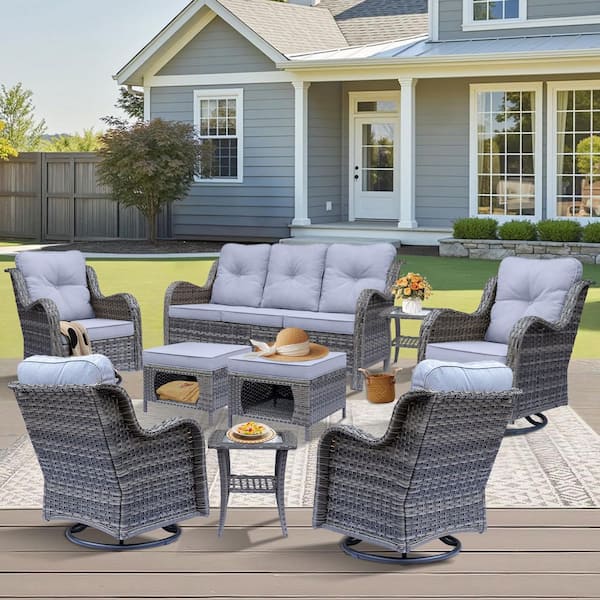 kuurfuurdo Gray 9-Piece Wicker Outdoor Patio Conversation Set Swivel Rocking Chairs with Gray Cushions and Ottomans