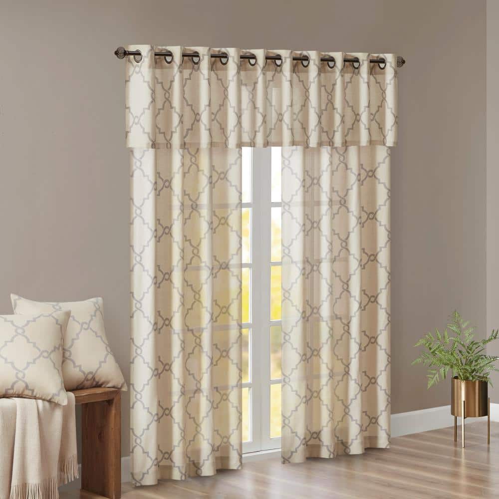 Beige and Grey Fretwork Grommet Top Window Valance 50"x18"