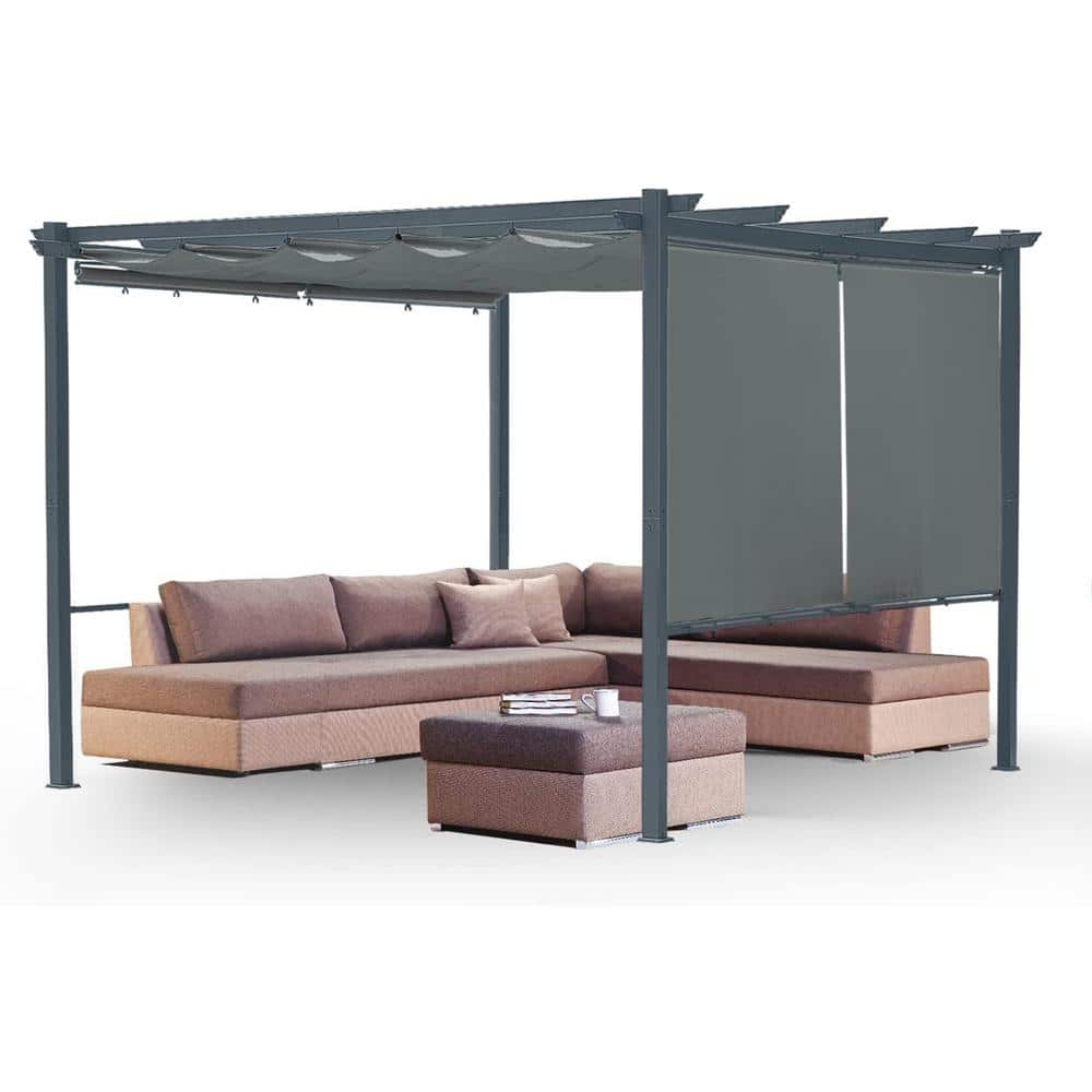 12 ft x 10 ft Gray Aluminum Patio Pergola with Retractable Canopy