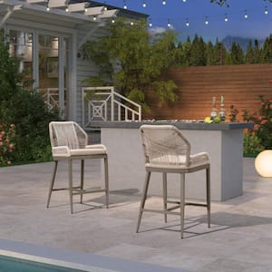 Modern Aluminum Twill Wicker Woven Counter Height Outdoor Bar Stool with Back and Light Gray Cushion (2-Pack)
