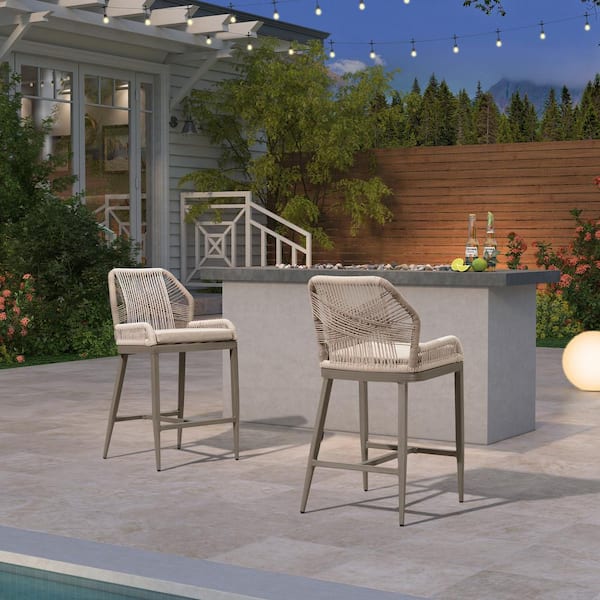 PURPLE LEAF Modern Aluminum Twill Wicker Woven Counter Height Outdoor Bar Stool with Back and Light Gray Cushion (2-Pack)