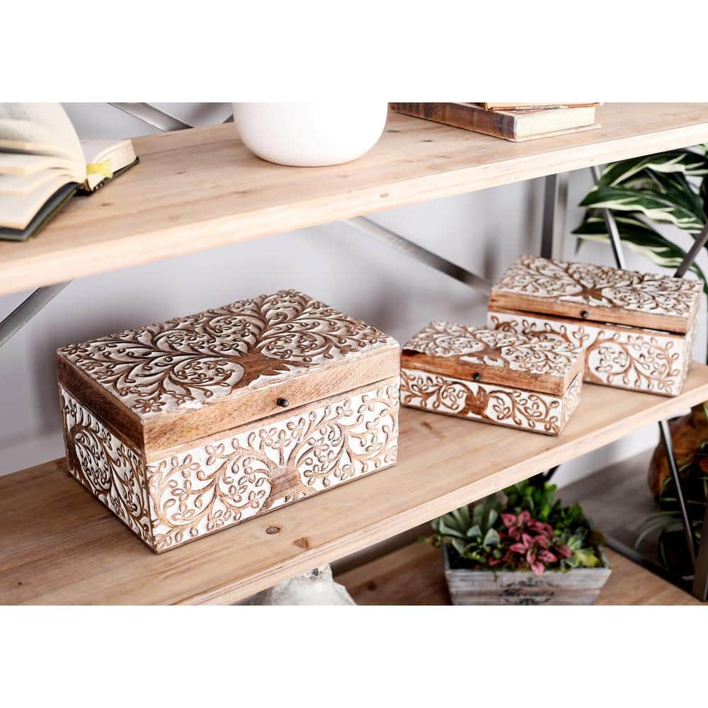Set of 3 Brown Mango Wood Floral Decorative Boxes