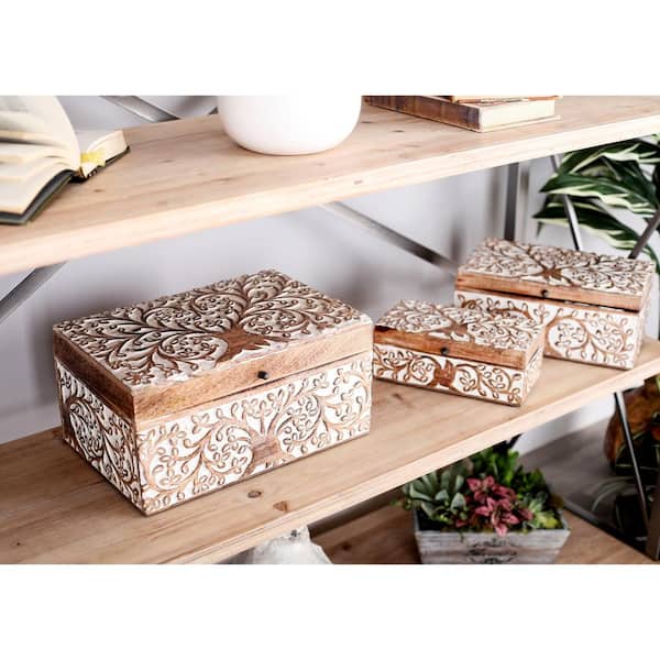 Litton Lane Rectangle Mango Wood Floral Box with Hinged Lid (Set of 3)