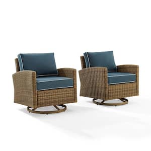 Bradenton Weathered Brown Wicker Outdoor Rocking Chair with Navy Cushions (2-Pack)