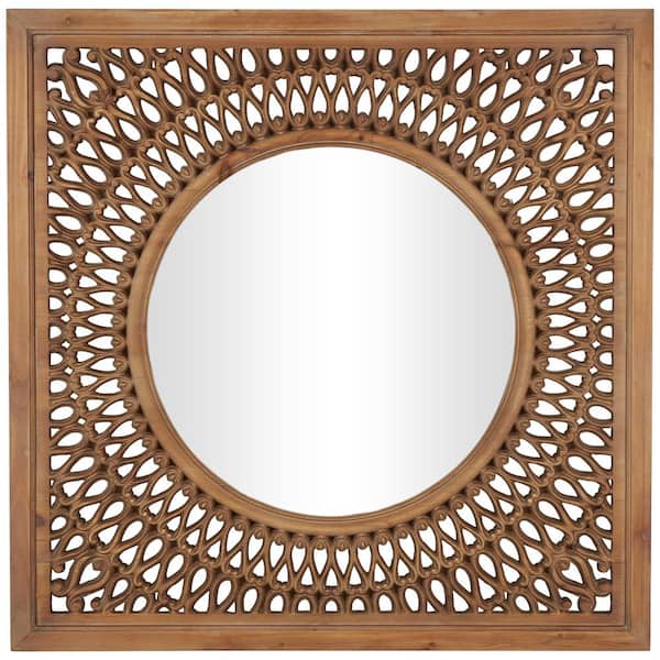 Litton Lane 40 in. W x 40 in. H Square Frameless Brown Wall Mirror with Carved Scroll Pattern