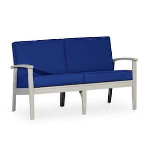 Driftwood Gray Eucalyptus Wood Outdoor Loveseat with Navy Blue Cushions