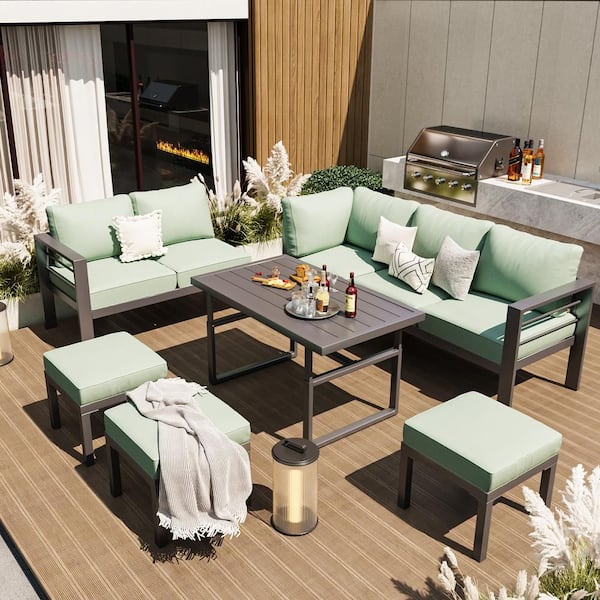 Sudzendf 7-Piece Aluminum Outdoor Sectional Set with Green Cushions, Patio Conversation Sofa Set for Garden, Backyard, Poolside