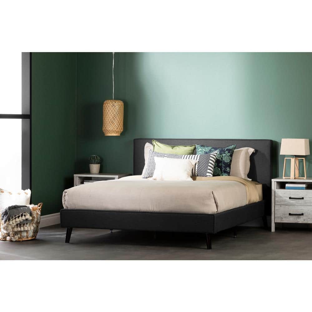 Charcoal Gray Queen Upholstered Bed with Wooden Slats