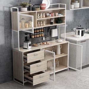 59 in. W Beige Large Kitchen Pantry Organizers Cabinet Buffet with 3-Drawers, 6 Shelves and Metal Mesh Doors