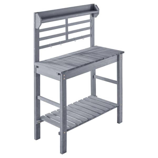 Potting Bench Table, Outdoor Gardening Workstation with Sink, 37-55 in. Adjustable Wood Tabletop, Classic Grey