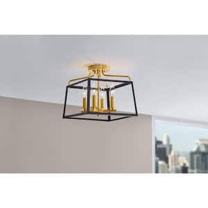 Parley 12 in. 4-Light Matte Black and Gold Cage Semi- Flush Mount