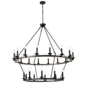 26-Light Black Wagon Wheel Chandelier 2 Tier Large Farmhouse Round Industrial Ceiling Hanging Light
