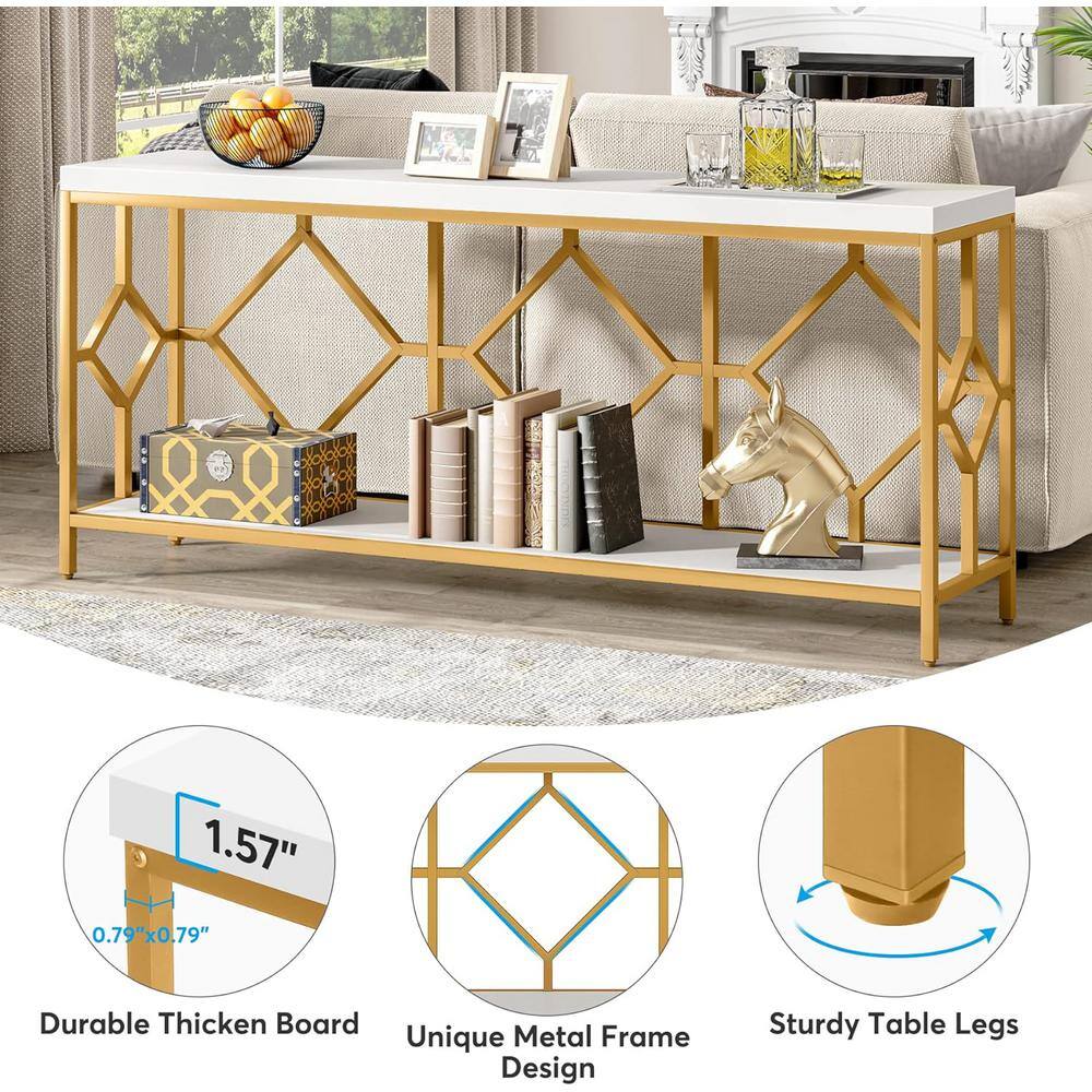 White and Gold 71" Wood and Metal Console Table with Storage