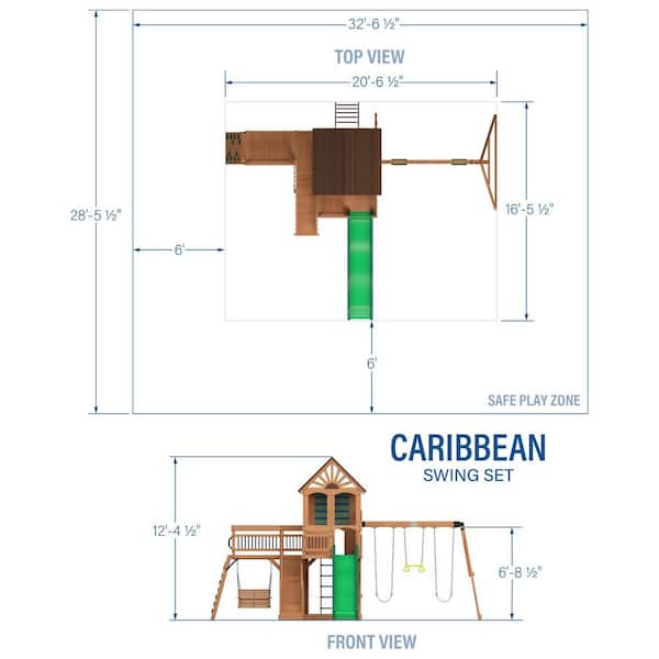 Caribbean Outdoor Playground Set w/ Wave Slide, Rockwall, Swing Set, and Porch-Style Bench Swing