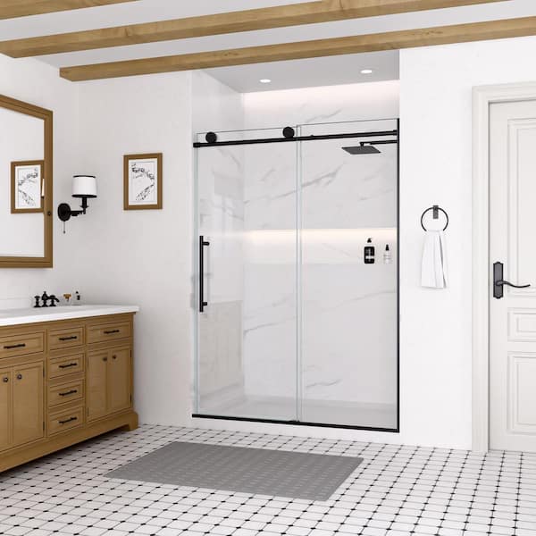 46 to 48 in. W x 74 in. H Soft-Close Single Sliding Frameless Shower Door in Plated Matte Black with 1/4 in. Clear Glass