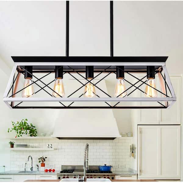 5-Light Farmhouse Chandeliers Pendant for Dining Room in white, Metal Rustic Island Light Fixture