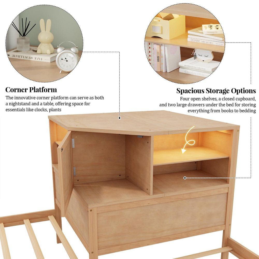 Natural (Yellow) Wood Frame Twin L-shaped Platform Bed with Trundle and Drawers Linked with Built-in Desk and LED - thumbnail 8