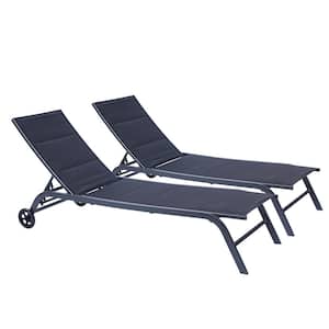 2-Piece Set Metal Outdoor 5-Position Adjustable Chaise Lounge Chair with Wheels for Patio, Beach, Yard, Pool