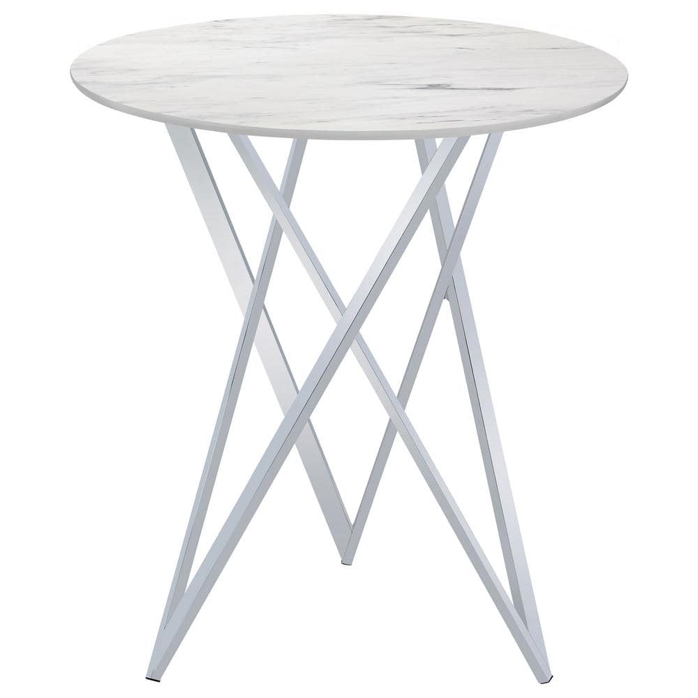 Round White Faux Marble Bar Height Table with Metal Base
