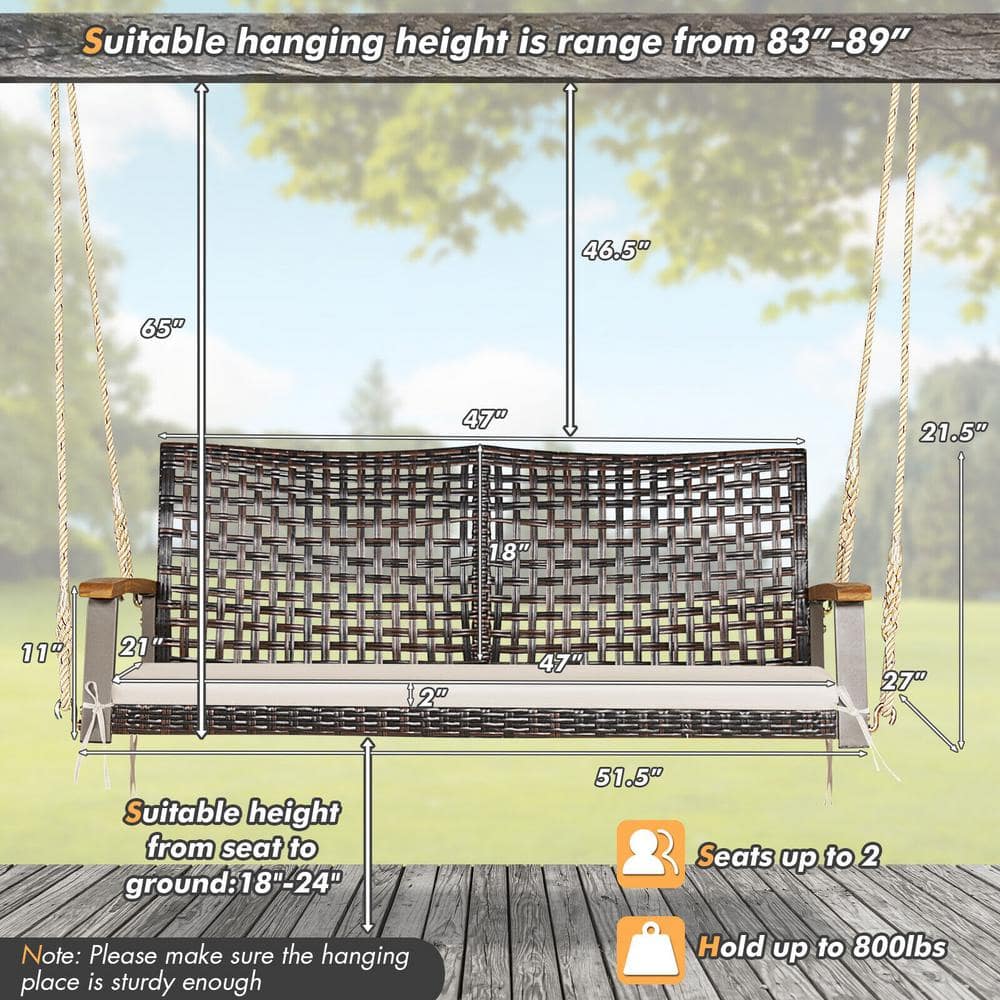 Off-White 2-Person Rattan Patio Swing with Cushion
