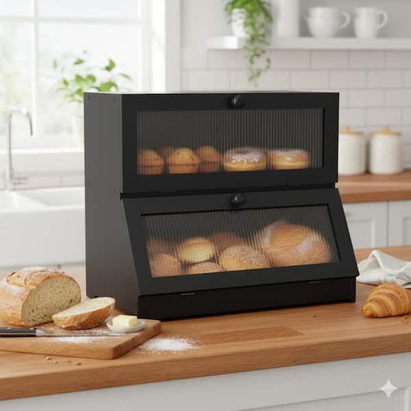 1 Piece Double Layer Large Capacity Frosted Window Airtight Bamboo Bread Storage Holder Keeps Bread Fresh Set