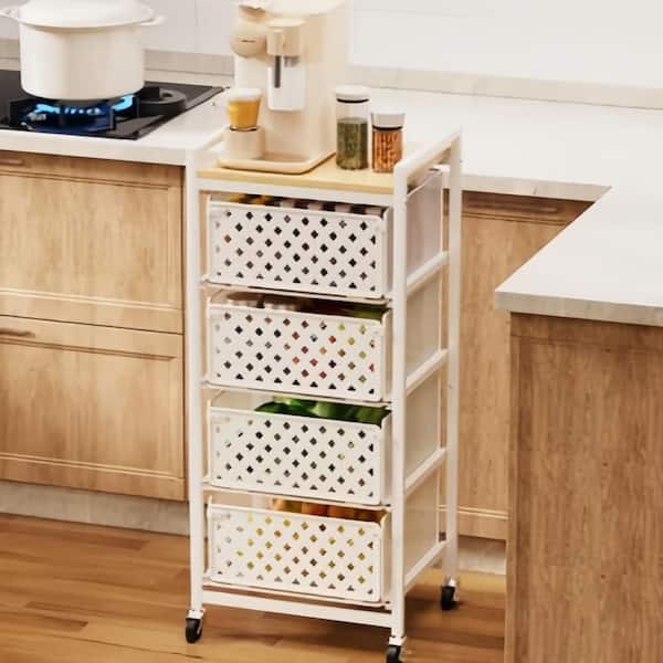 5-Tier Kitchen Fruit Baskets with Wheels, Wood Top and Metal Drawers, Utility Fruit Vegetable Storage Rack Stand, White