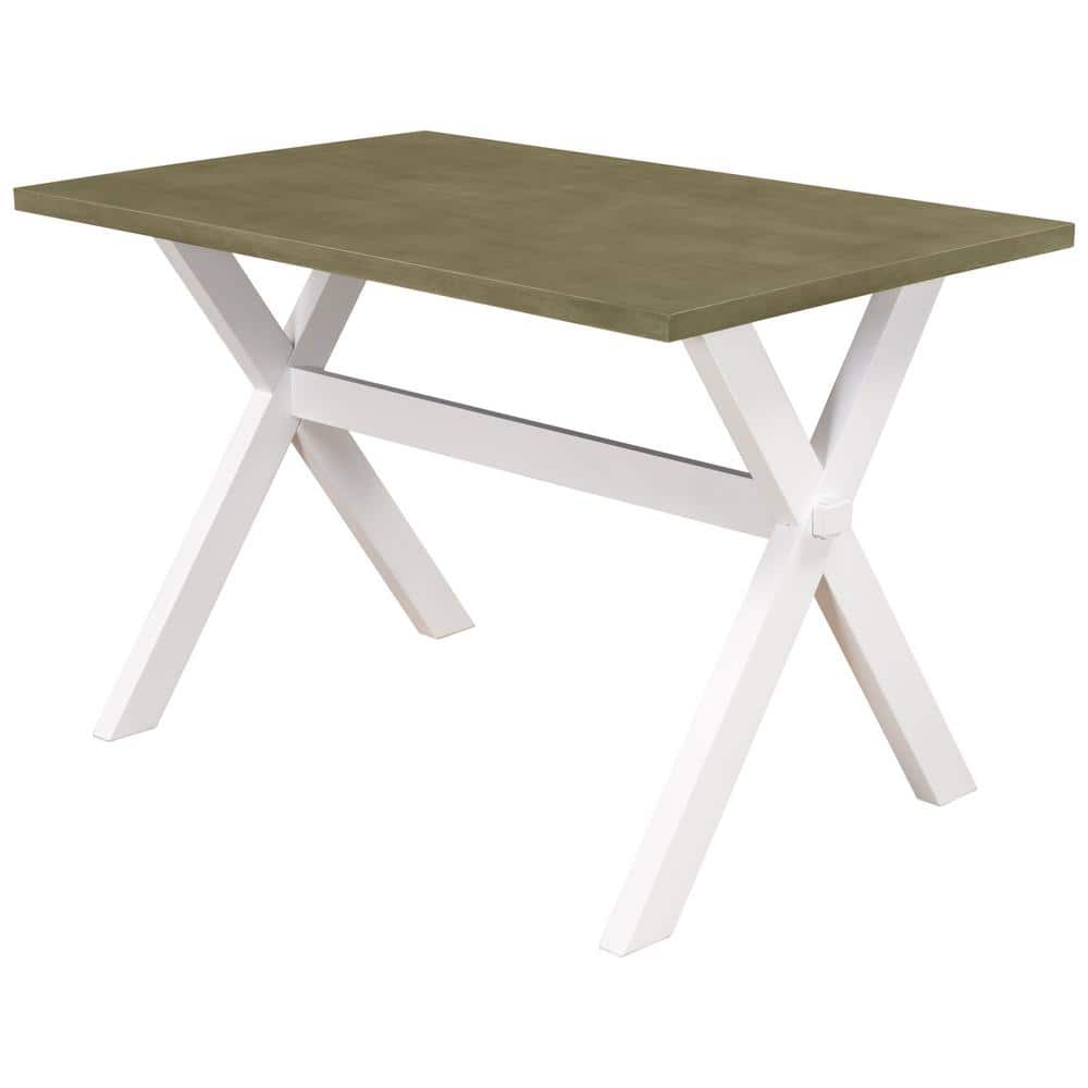 Gray Green Rectangular Rustic Wood Outdoor Dining Table with White X-shape 
