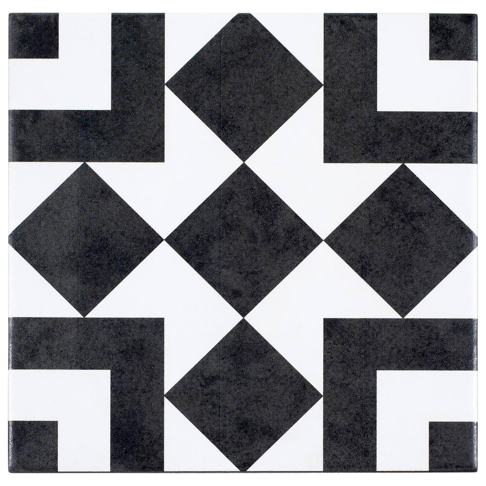 Luv Letter Black and White 8 in. Encaustic Patterned Matte Porcelain Wall a