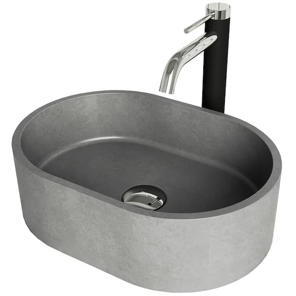 Concreto Stone 16 in. Concrete Oval Vessel Bathroom Sink in Gray with Lexington Faucet and Pop-Up Drain in Chrome