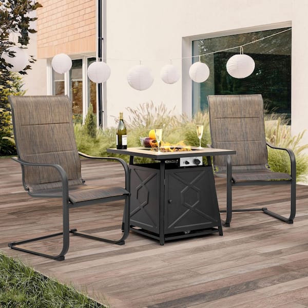 3-Piece Metal Patio Fire Pit Set Conversation Set with Padded Chairs and 40,000 BTU Square Fire Pit Table in Brown