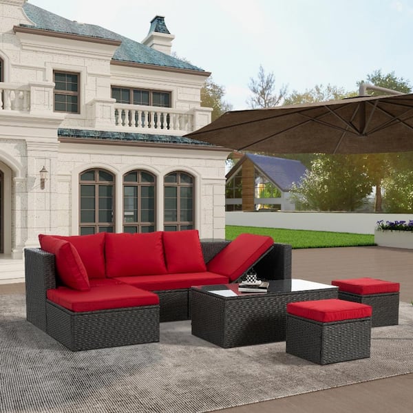 JimsMaison 7-Piece Wicker Patio Conversation Set with Red Cushions