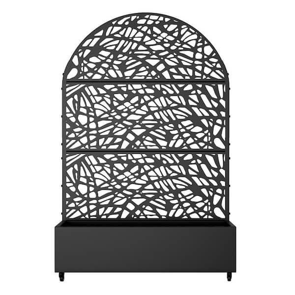 72 in. H x 47 in. W Arch Black Outdoor Metal Privacy Screen Planter Box Wall Decor in Grid Pattern