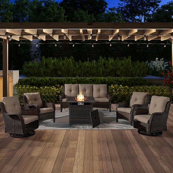 Opohoro ArcoBay 6-Piece Brown Wicker Patio Square Fire Pit Conversation Set with Gray Cushions and Swivel Rocking Chairs