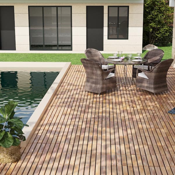 BTMWAY 1 ft. x 1 ft. Acacia Wood Interlocking Deck Tiles Outdoor Patio Flooring Tiles Striped Pattern in Natural(10 Per Box)