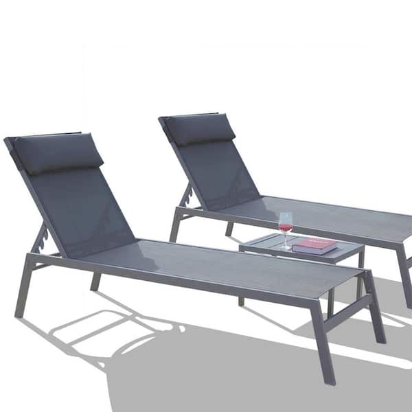 Zeus & Ruta 3-Piece Metal Outdoor Chaise Lounge Steel Textilene Sunbathing Recliner with Headrest (Grey, 2 Lounge Chair and 1 Table)