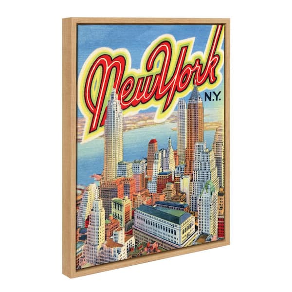 Kate and Laurel Sylvie New York NY Vintage Travel Postcard by Corinna Buchholz of Piddix Natural Framed Art Print 18 in. x 24 in.