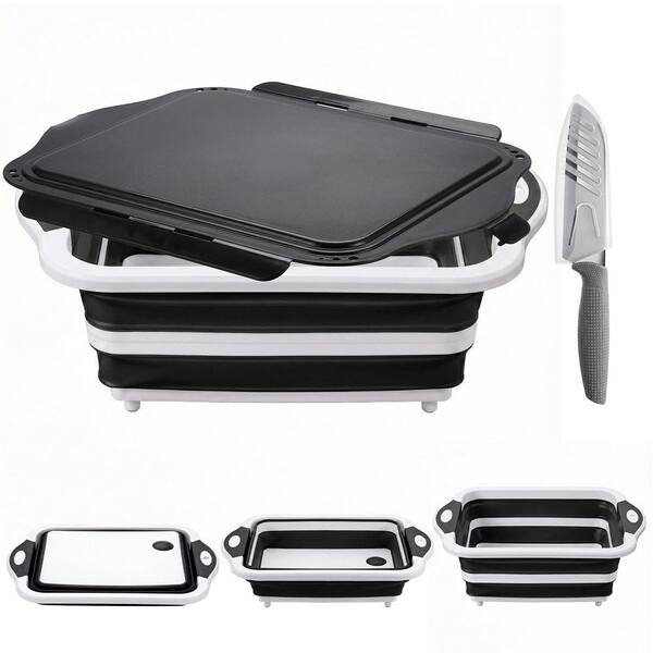 Foldable Camping Sink, Colander, Cutting Board, Dish Basin - Black Collapsible BBQ Prep Tub with Lid