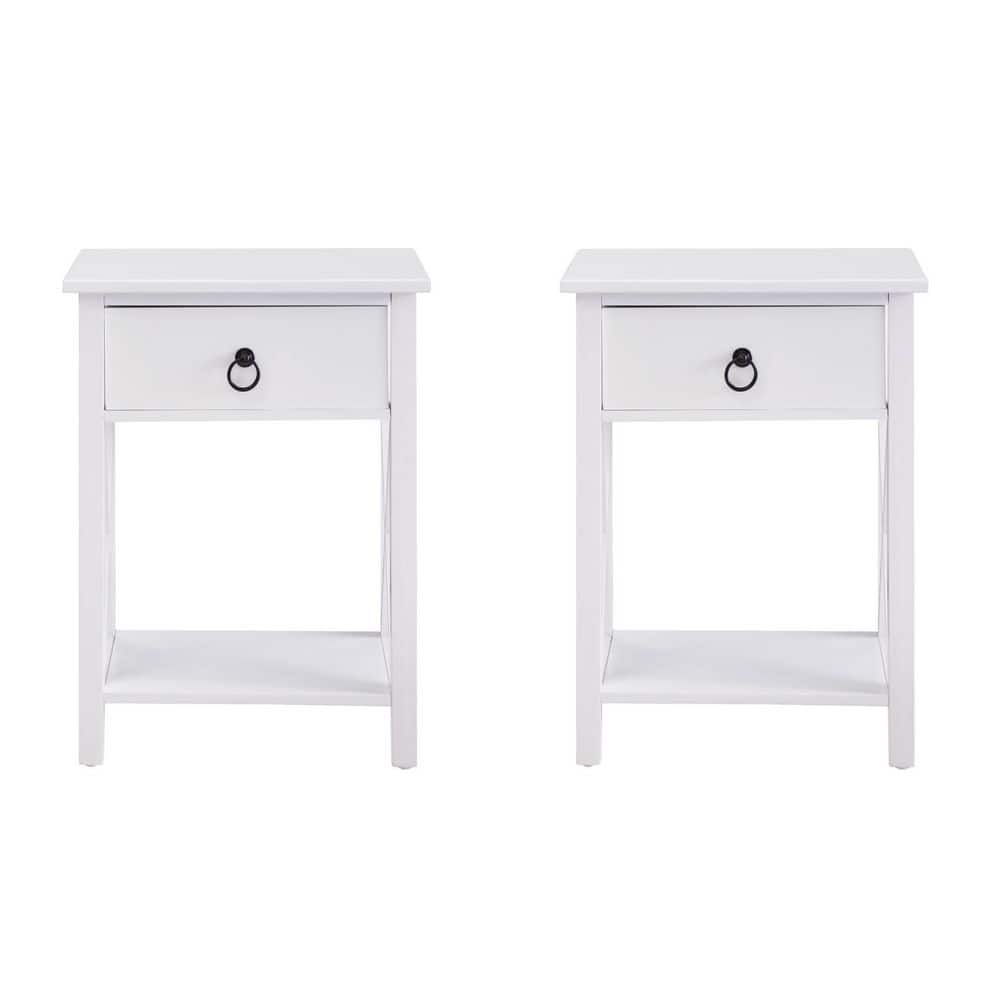 16 in. Rectangle White Wooden End Tables - Set of 2, Modern Minimalist Nightstands with Storage