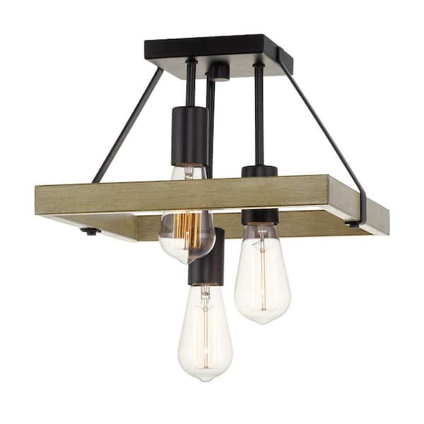 Kira Home Powell 60-Watt 3-Light Black Farmhouse Semi-Flush, No Bulb Included