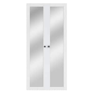 36 in. x 80 in. 1-Lite Mirrored Glass Solid Core White Finished Pivot Bi-fold Door with Two Types of Hardware