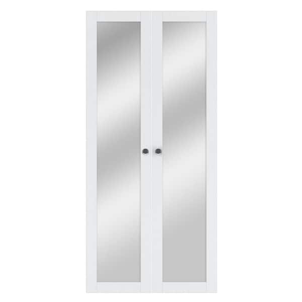 36 in. x 96 in. 1-Lite Mirrored Glass Solid Core White Finished Pivot Glass Bi-Fold Door with 2-Types of Hardware
